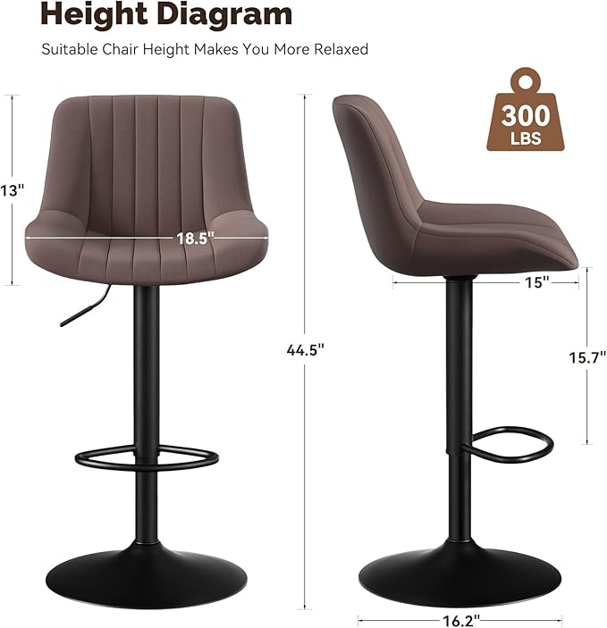 Nalupatio Bar Stools Set of 2, Adjustable Modern Swivel Bar Stools with Backs, Counter Height Performance Fabric Island Chairs for Home Kitchen, Dark Brown