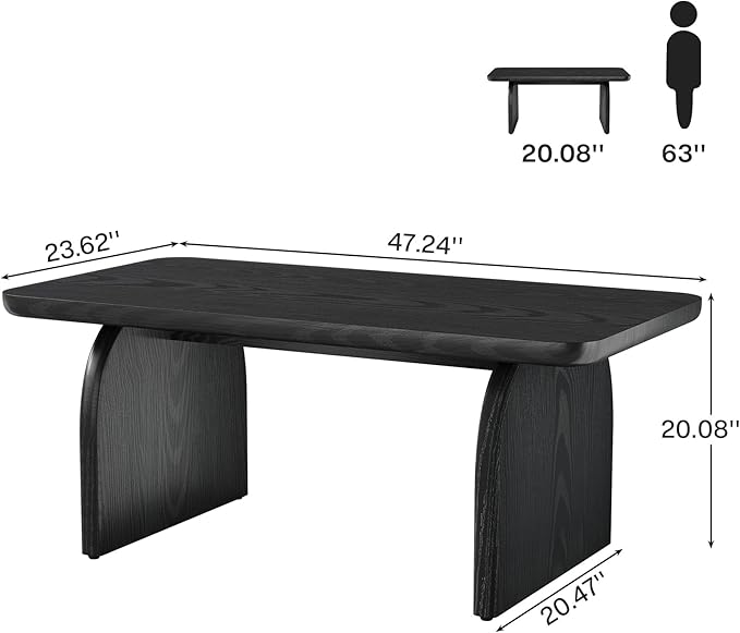 Tribesigns Rectangle Coffee Table, 47-Inch Wood Rectangular Living Room Table, Farmhouse Accent Center Low Cocktail Tea Table with Sturdy Base & Rounded Corners, Easy Assembly (Black)