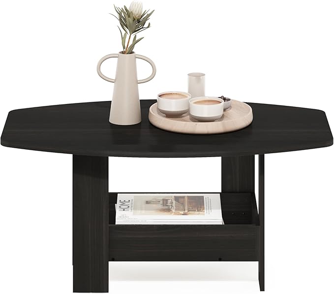 Furinno Simple Design Coffee Table, 2-Tier Modern Coffee Table with Lower Shelf, Round Corner Side Table, for Living Room, Bedroom, Home Office, Espresso
