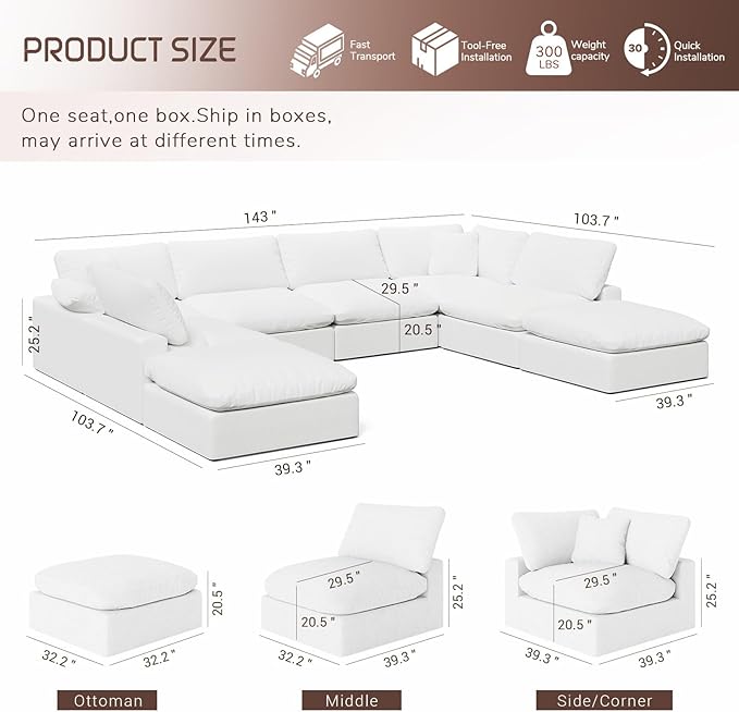 246.7" Oversized Cloud Modular Sectional Sofa,8 Seat Down Filled Sofa,Comfy Deep Seat Couch with Reversible Chaise & Cushions,Couch Cover Washable and Replaceable,White