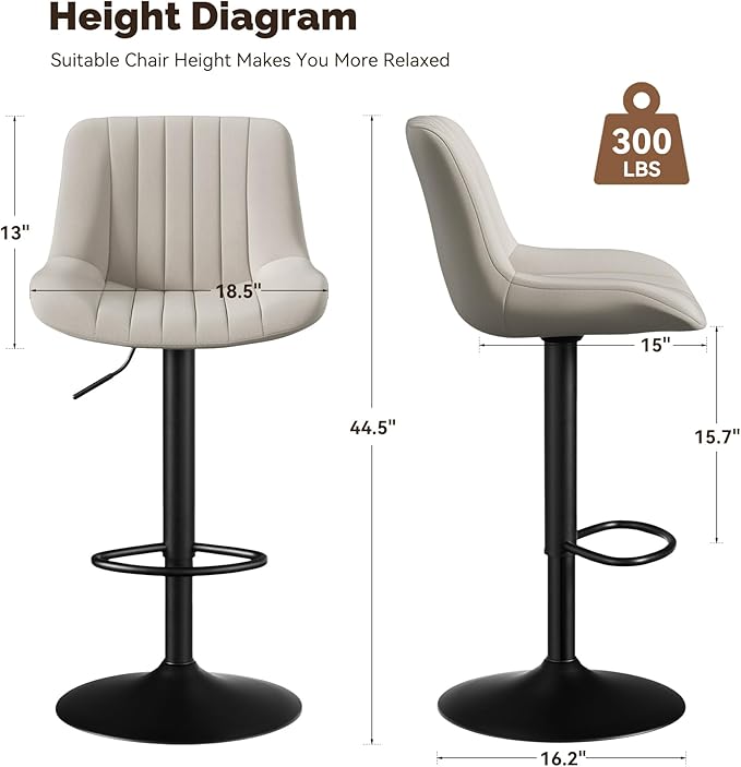 Nalupatio Bar Stools Set of 4, Adjustable Modern Swivel Bar Stools with Backs, Counter Height Performance Fabric Island Chairs for Home Kitchen, Light Gray
