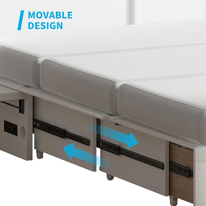 Mjkone Murphy Bed Queen Cabinet Bed with Tri-fold Mattress and Built-in USB Charging & 2 Drawers & Bedside Panel, Hidden Guest Beds, Murphy Cube Chest Cabinet Beds for Bedroom/Apartment - White