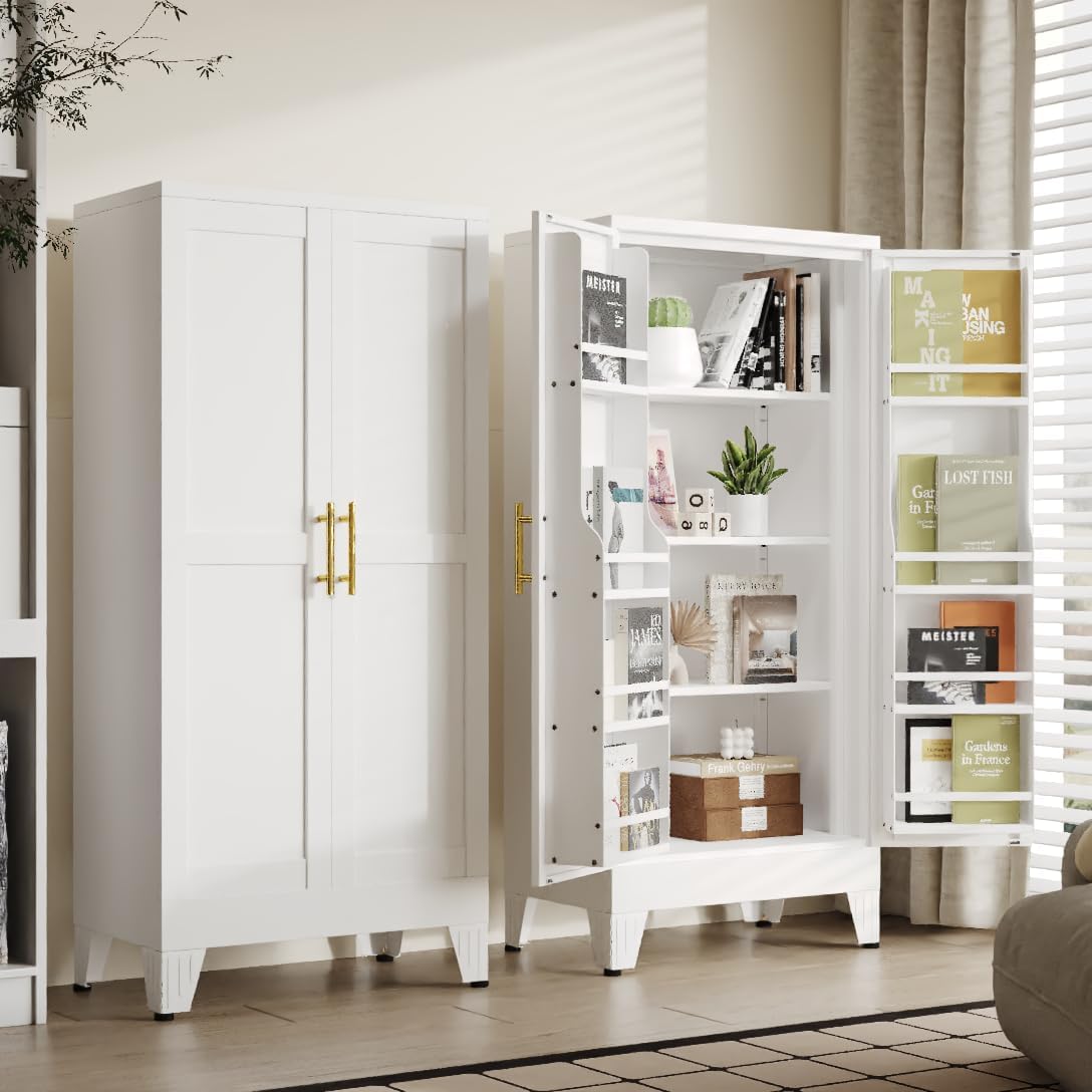 51" Kitchen Pantry Cabinet, Metal Storage Cabinet with 3 Adjustable Layer Shelves, 8 Door Shelves, Buffet Sideboard for Living Room, Kitchen, White