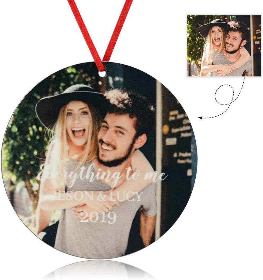 Gemszoo Personalized Picture Christmas Ornament, Custom Double Sided Photo Text Wooden Hanging Xmas Tree Keepsake Pendant Decoration Gift for Family (1, Round)