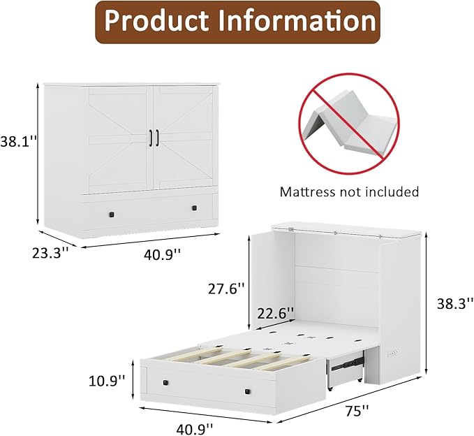 Murphy Bed with Built-in Charging Station, Space-Saving Murphy Bed Chest Twin with Drawer, Foldable, for Home Office Guest Room Bedroom White
