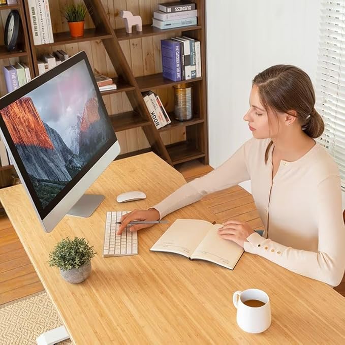 FLEXISPOT EN1 Bamboo Standing Desk, 55 x 28 Inches Whole-Piece Electric Adjustable Height Sit Stand Table, Home Office Stand Up Desk (Black Frame + Bamboo Curved Desktop, 2 Packages)
