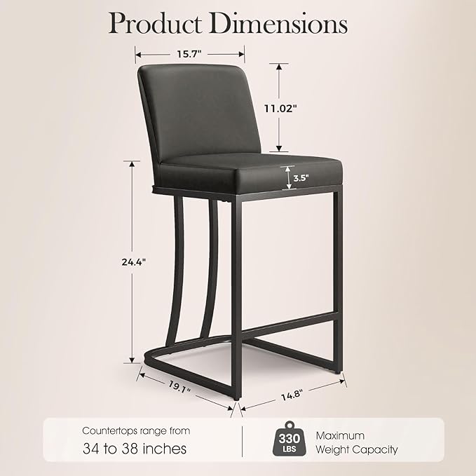 Sophia & William Grey Bar Stools Set of 3, Counter Height 24" Bar Chairs, Modern Faux Leather Bar Stools with Back