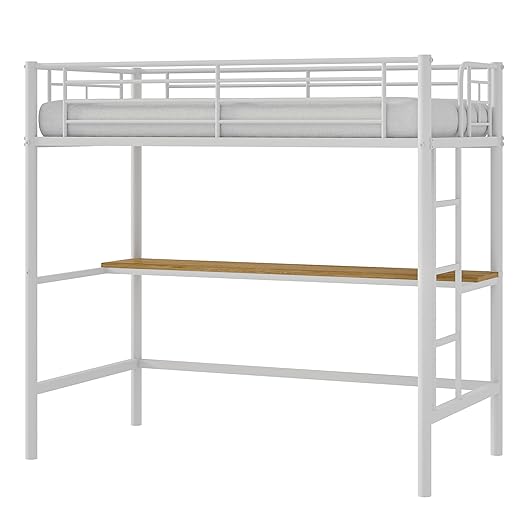 VECELO Metal Loft Bed Twin Size with Desk, Heavy Duty Bedframe with Removable Ladder and Safety Guardrail, Space-Saving, Noise Free, No Box Spring Needed, Off White
