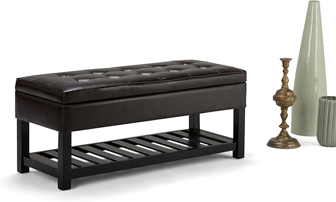 SIMPLIHOME Cosmopolitan Storage Ottoman Bench - 44 inch Wide Upholstered Vegan Leather Rectangle Storage Ottoman in Tanners Brown, Transitional Bench for Bedroom with Tufted Lift-Top and Open Shelf