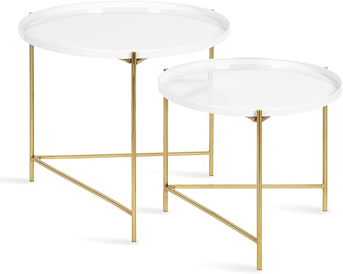 Kate and Laurel Ulani Modern Nesting Coffee Table, Set of 2, White and Gold, Glam Coffee Table Set for Storage and Display