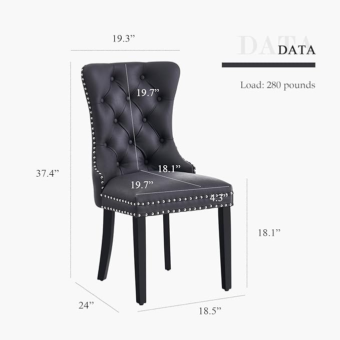 Leather Dining Chair Set of 4, Dining Room Chairs with Nailhead Ring Pull Trim, Upholstered Dining Chairs with Solid Wood Legs for Kitchen Dining Room (Black)