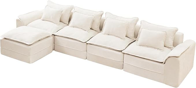 Hobestluk Cloud Modular Sectional Couch 4-Seater Sofa with Ottoman L Shaped Couch Deep Seat Sofa with Removable Cover Large Sofa for Living Room (Beige, 4-Seater Sofa with One Ottoman)