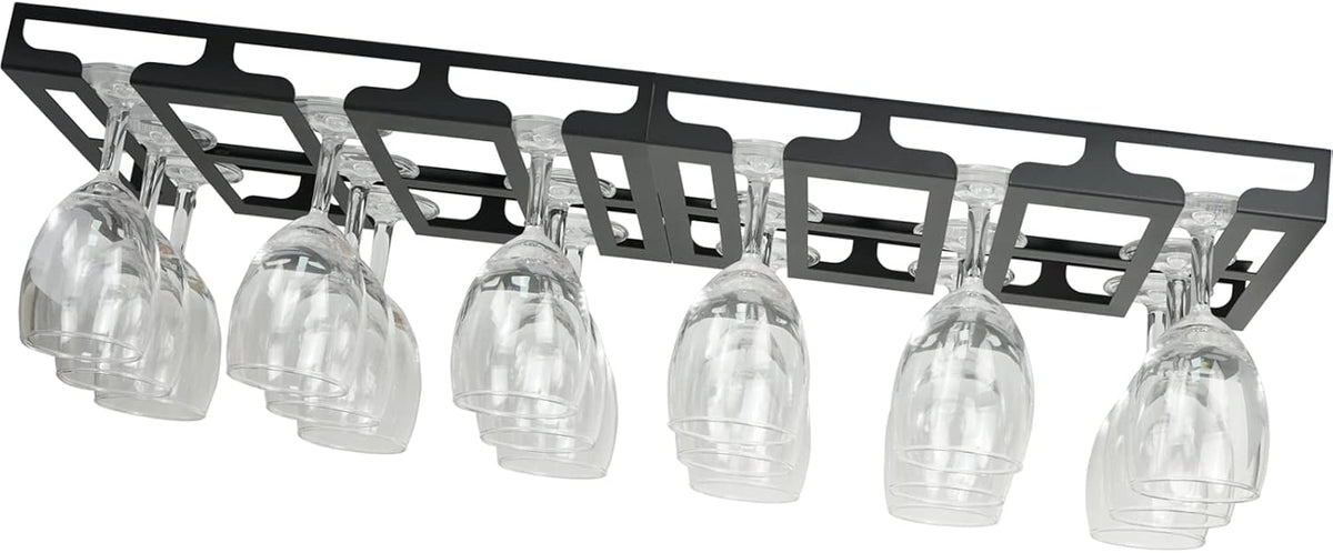 Wine Glass Holder - Hangers Under Shelf Cabinet Stemware Wine Glass Rack Glasses Storage Hanger Metal Hanging Organizer for Bar Kitchen 3 Rows 2 Packs Black