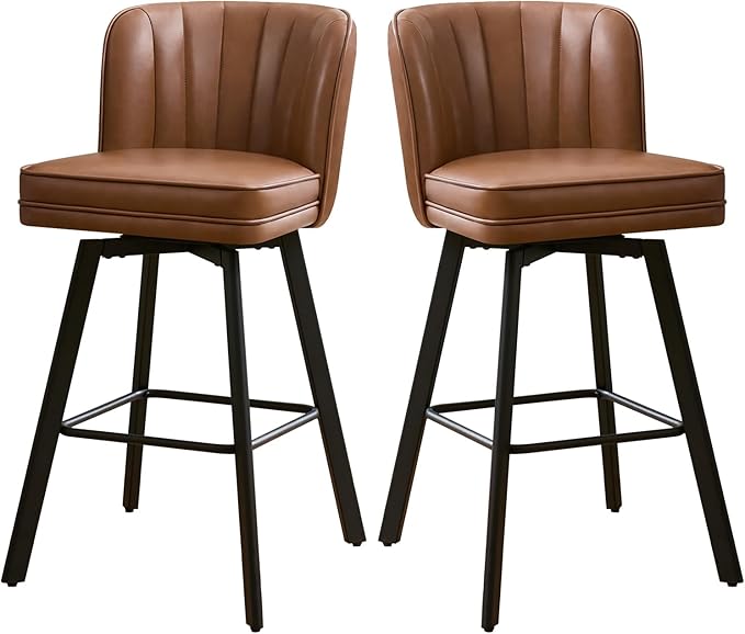 Swivel Counter Height Bar Stools Set of 2, 30'' Modern Barstools with Backs and Metal Legs, Upholstered Bar Chairs, Faux Leather Dark Brown Stools for Kitchen Island Chairs