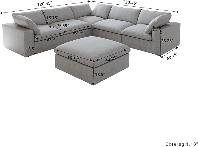 Cloud Modular Sectional Sofa for Livingroom,Large Down Filled Comfort Corner Sectional Sofa Couch with Ottoman,Wide Deep Seat Convertible Couches for Office Apartment,V Shaped,Grey