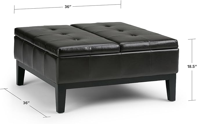 SIMPLIHOME Dover 36 inch Wide Contemporary Square Coffee Table Storage Ottoman in Midnight Black Vegan Faux Leather, Assembled, For the Living Room and Bedroom