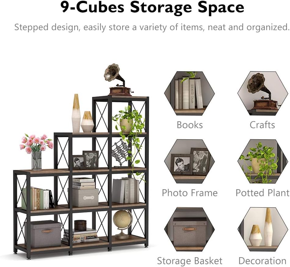 Tribesigns 12 Shelves Bookshelf, Industrial Ladder Corner Bookshelf 9 Cubes Stepped Etagere Bookcase, Rustic 5-Tier Display Shelf Storage Organizer for Home Office (Rustic Brown)
