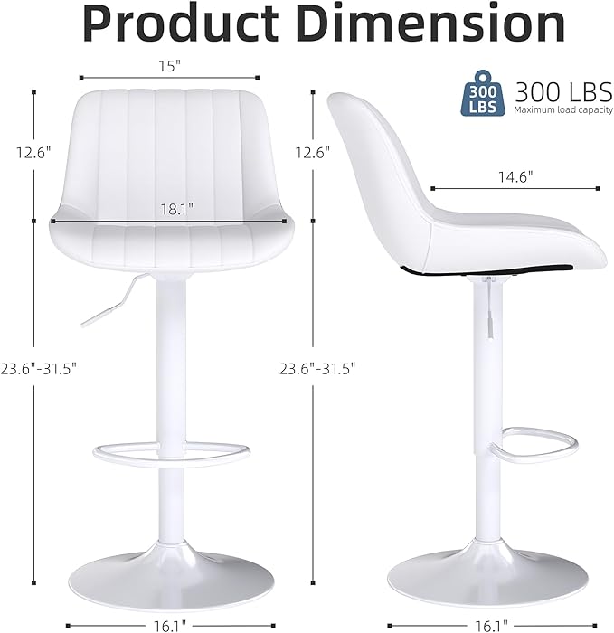 Youhauchair Bar Stools Set of 3, Swivel Counter Height Barstools with Back, Adjustable PU Leather Bar Chairs, Modern Armless Kitchen Island Stool, White