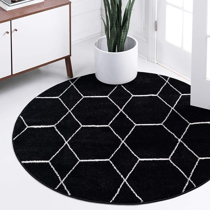 Unique Loom Trellis Frieze Collection Area Rug - Geometric (4' 1" Round, Black/ Ivory)