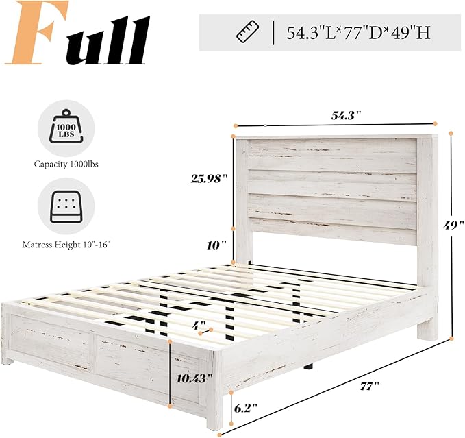 AMERLIFE Farmhouse Full Size Bed Frame with 49" Fluted Headboard, Platform Bed with Natural Wood Grain, No Box Spring Needed/Noise Free, Distressed White
