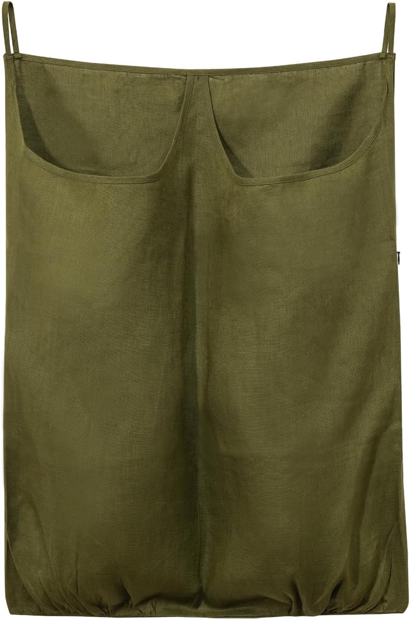 100% Pure Linen Dual Hanging Laundry Bag with 2 Deep Pocket and 2 Side Zipper 20x27in, Over The Door Laundry Hamper Space Saving Hampers for Dirty Clothes Home Travel, Green