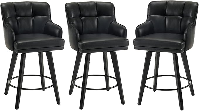 360°Swivel Counter Height Bar Stools with Back, 26 inch Solid Wood Legs, Bar Stool Modern Kitchen Island Chairs, Faux Leather (Black- Faux Leather, 26" H- Set of 3)