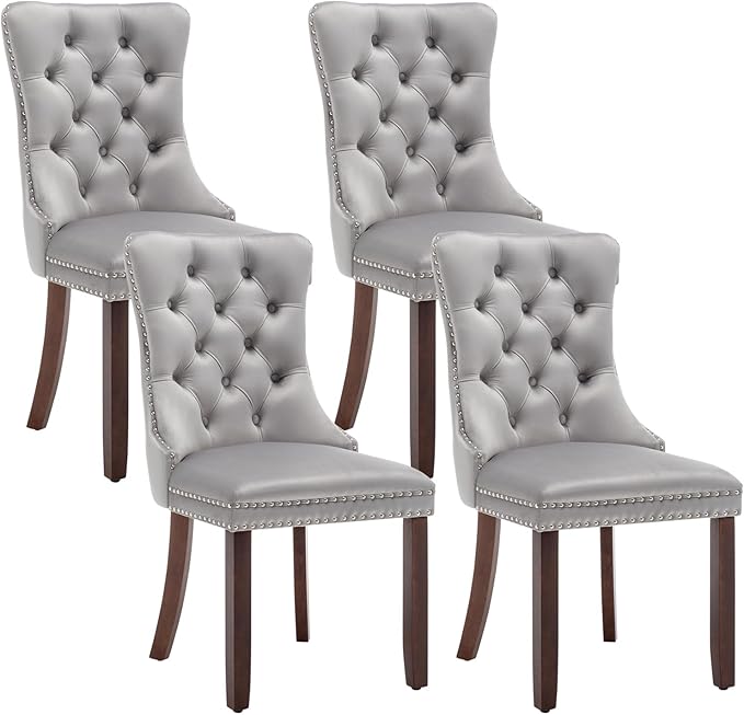 Velvet Dining Chairs Set of 4, Upholstered Dining Room Chairs with Nailhead Ring Pull, Button Tufted Wing Back Chairs for Dining with Solid Wood Legs for Kitchen Dining Room(Light Grey)