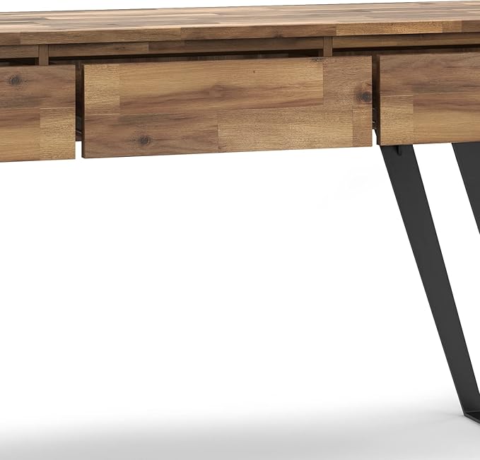 SIMPLIHOME Lowry SOLID ACACIA WOOD and Metal 60 Inch Wide Modern Industrial Console Sofa Table in Distressed Golden Wheat, For the Living Room, Entryway and Bedroom