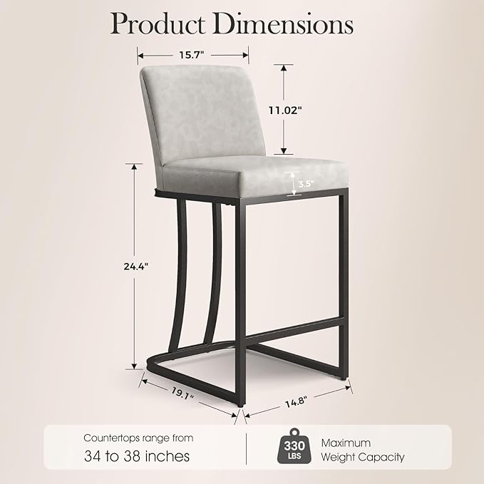 Sophia & William Counter Stool Set of 2, 24" Bar Stools with Back, Faux Leather Upholstered, 330lbs, Light Grey