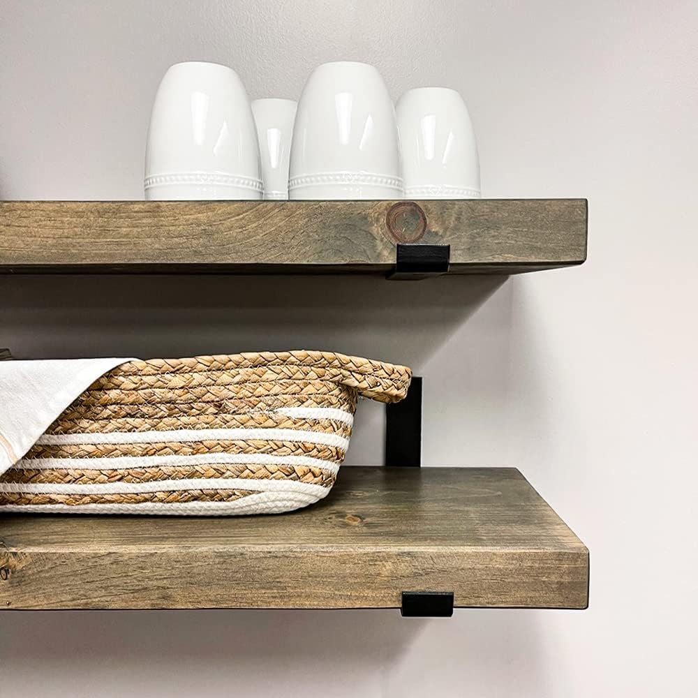Rustic Shelves with J-Brackets Set of 2, Industrial Shelf, Kitchen Shelves, Solid Wood, Decorative Wall Storage, Heavy Duty, URBANDI (Grey, 24Wx10D)
