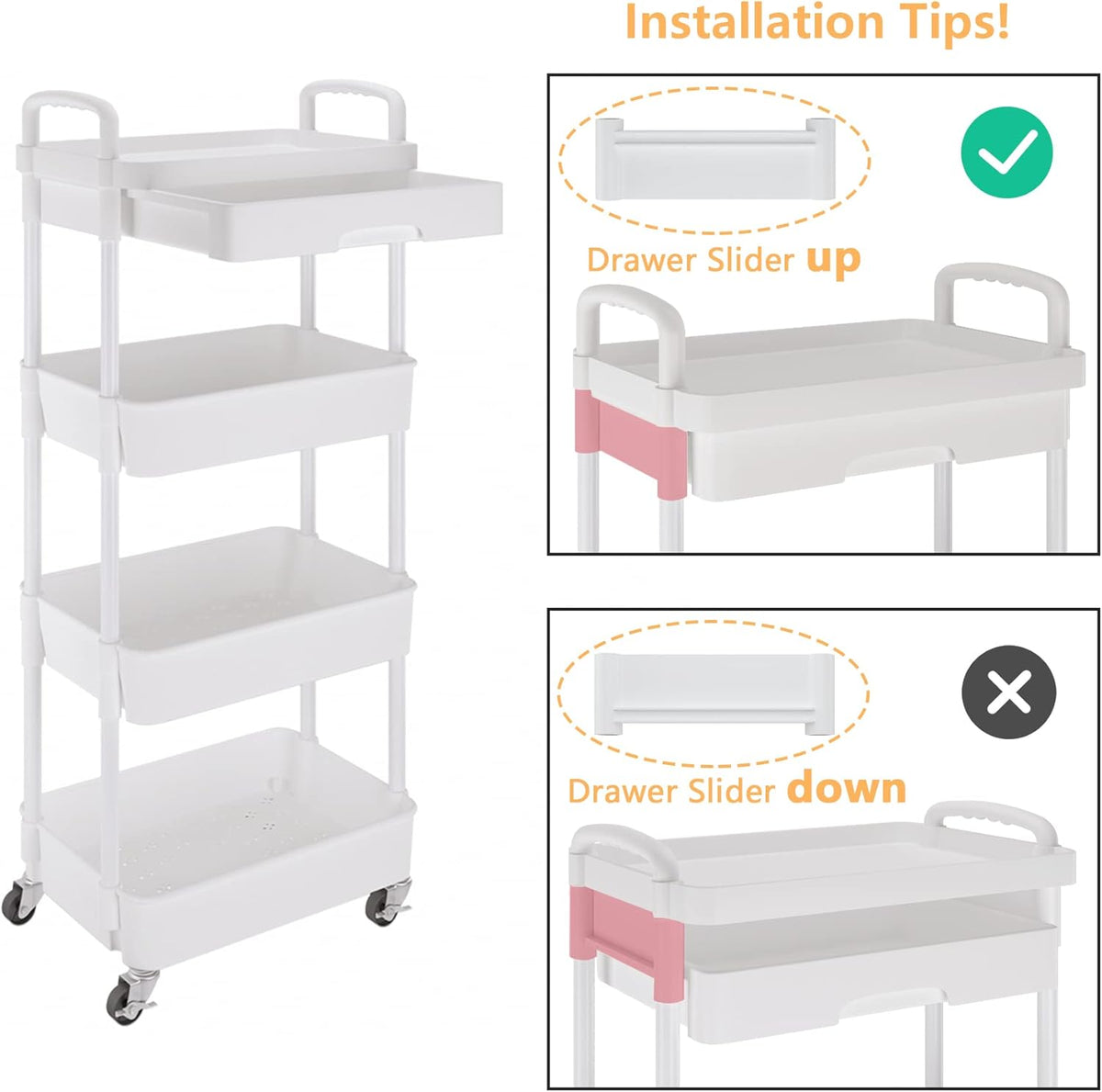 Calmootey 4-Tier Rolling Utility Cart with Drawer,Multifunctional Storage Organizer with Plastic Shelf & Metal Wheel,Storage Cart for Kitchen,Bathroom,Living Room,Office,White