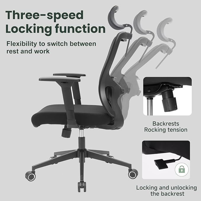 Ergonomic Office Chair - 350LB Mesh Office Chair with Adjustable Lumbar, High Back Computer Desk Chair with 3D Armrests, Comfy Chair with 2D Headrest & Tilt Function for Study, Work, Gaming