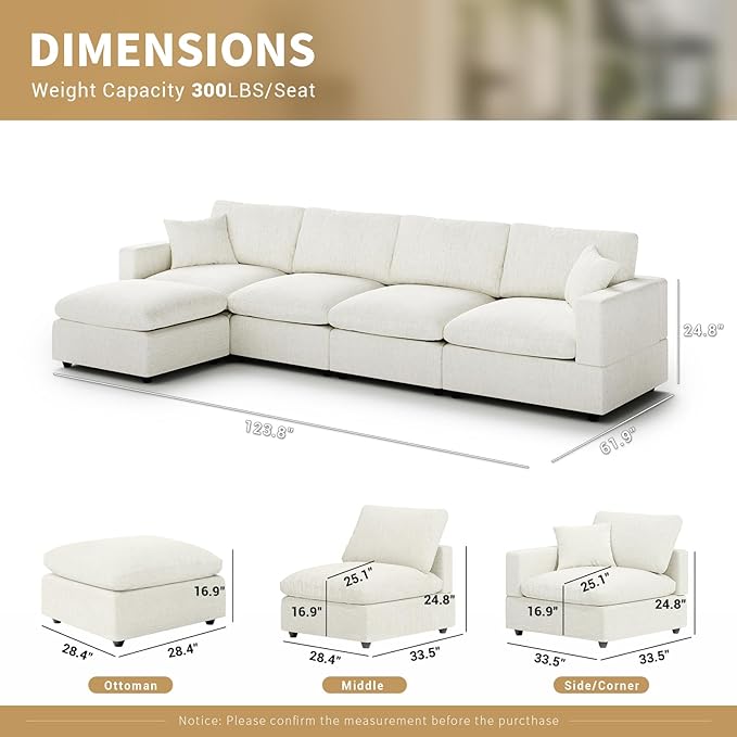 Modern Sectional Linen Couch for Living Room L-Shape Sofas,5 Seat Modular Cloud Sofas,Couches Cushion Covers Removable,Cozy Feather Down Sofa for Apartment Cream White