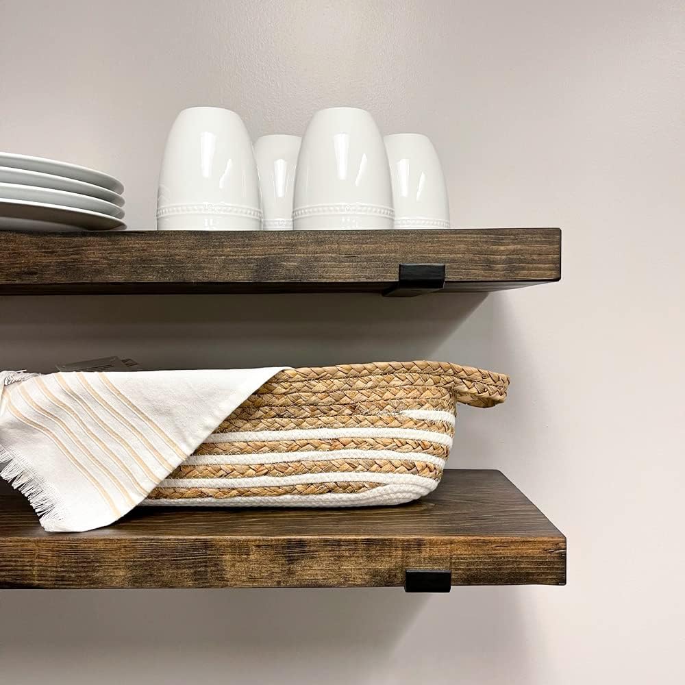 Rustic Shelves with J-Brackets Set of 2, Industrial Shelf, Kitchen Shelves, Solid Wood, Decorative Wall Storage, Heavy Duty, URBANDI (Dark Brown, 48Wx12D)