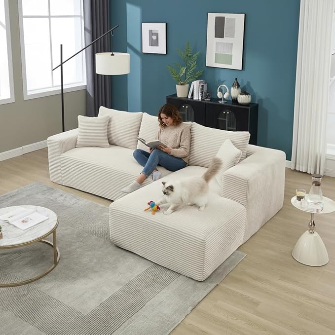PELUMY 108.7" L-Shaped Modular Sectional Sofa with Oversized Chaise, Cloud Couch with Memory Foam, No Assembly Required Sleeper Sofa for Small Space Living Room, Apartment (Beige, Corduroy)