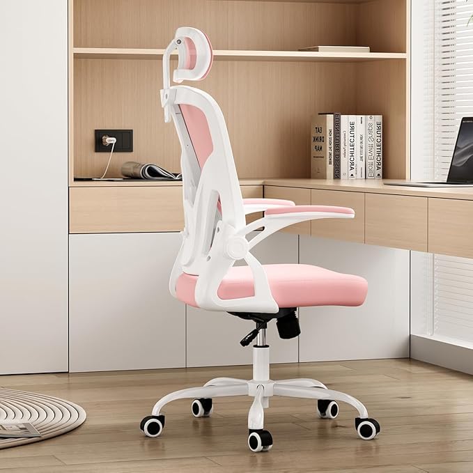 Farini Ergonomic Office Chair, Home Office Desk Chair with Headrest, High Back Computer Chair with Armrests and Adjustable Lumbar Support for Home Office Study Room, White & Pink