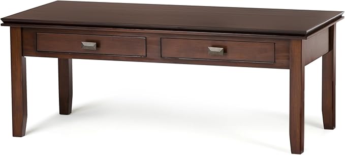 SIMPLIHOME Artisan Coffee Table - 46 inch Wide Solid Wood Transitional Cocktail Table in Russet Brown, Classic Living Room Table with 2 Drawers, Open Shelf, and Square Brushed Nickel Knobs