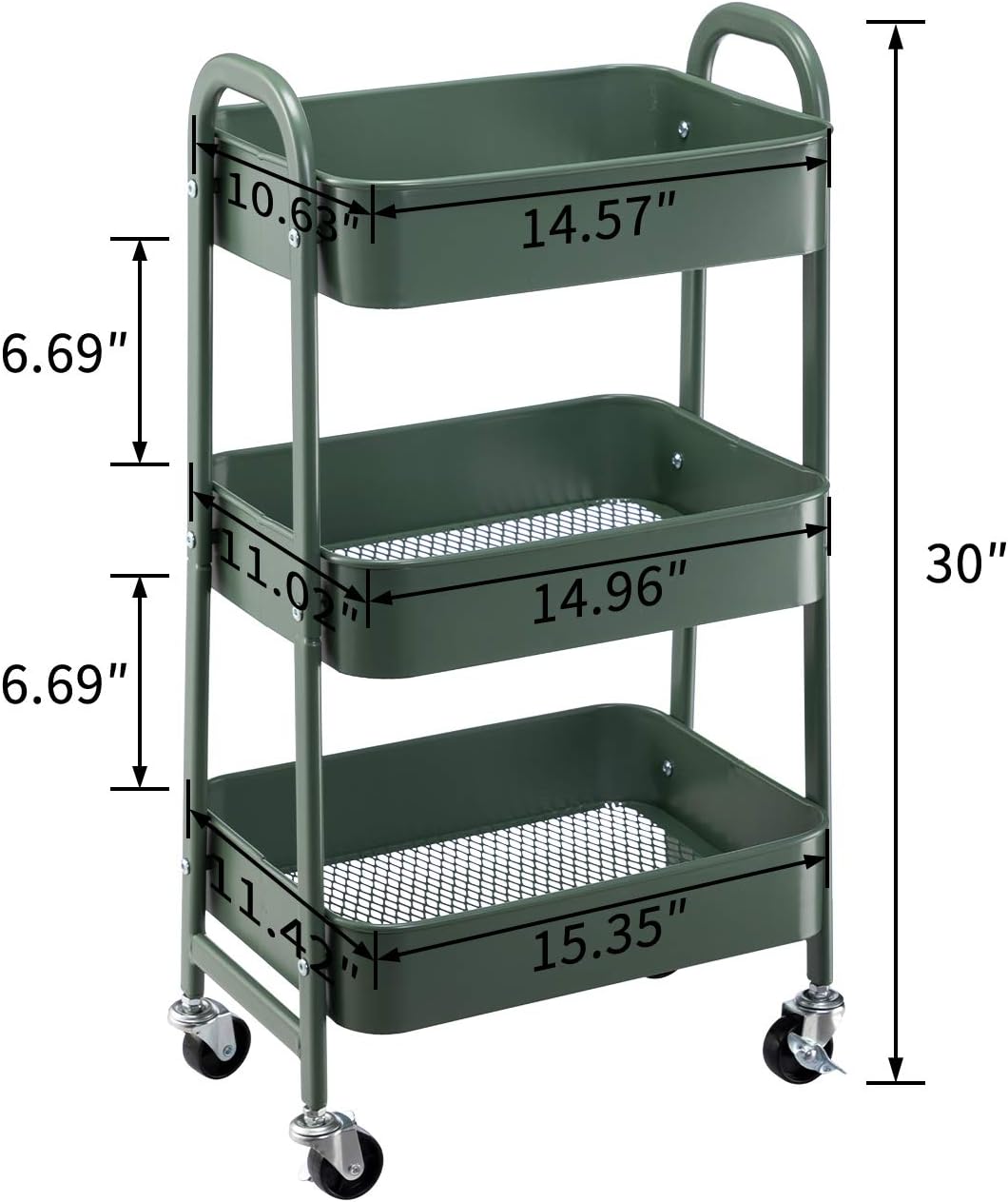 AGTEK Movable Rolling Organizer - 3 Tier Metal Storage Cart, Green