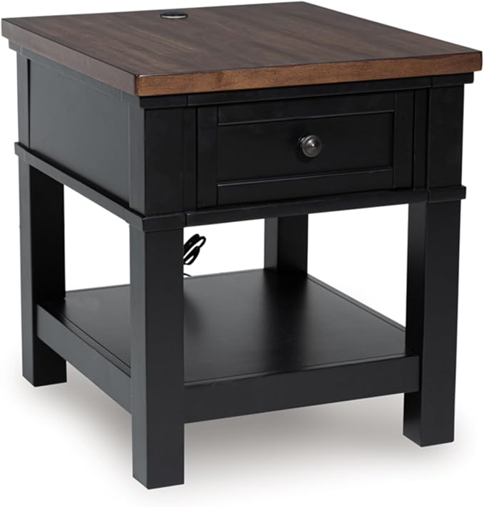 Signature Design by Ashley Wildenauer Farmhouse 1-Drawer End Table with Lower Shelf and USB Ports, Light Brown & Black