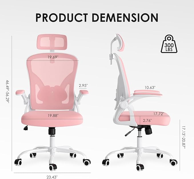 Farini Ergonomic Office Chair, Home Office Desk Chair with Headrest, High Back Computer Chair with Armrests and Adjustable Lumbar Support for Home Office Study Room, White & Pink