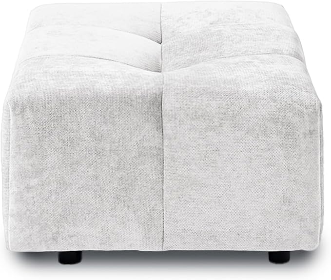 JACH Modern Ottoman Seat for Living Room, Linen Fabric Ottomans, Minimalist Foot Stool, Comfy Breathable Footstool for Living Room Apartment (White)