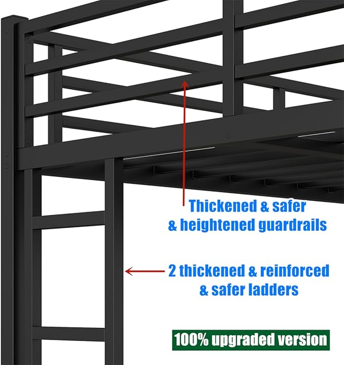 Higher Quality & Stronger Heavy Duty Industrial Style Metal Full XL Over Queen Bunk Bed, Thickened More Stable Black Steel Bunkbed Bunk Queen Bed (Easier to Assemble) (Full XL Over Queen)