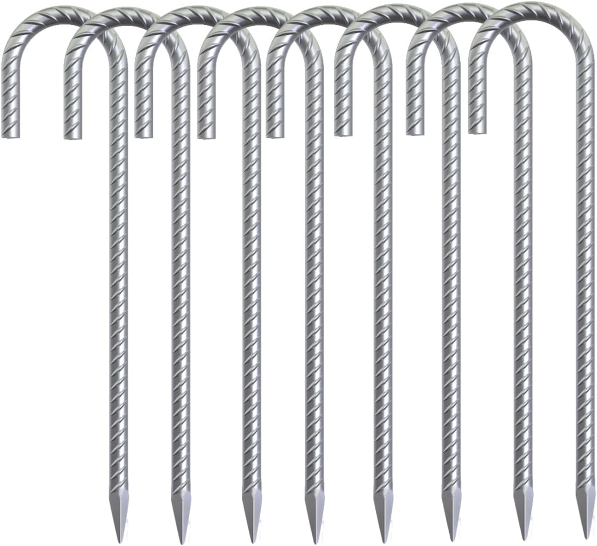 Rebar Stakes 16 inch, 3/8" Diameter Heavy Duty J Hook Stakes 8 Pack, Galvanized Anti-Rust Ground Anchor Long Tent Stakes for Dog Fence Trompoline Swing Set