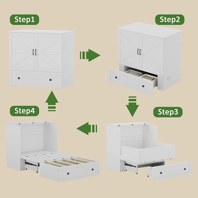Murphy Bed with Built-in Charging Station, Space-Saving Murphy Bed Chest Twin with Drawer, Foldable, for Home Office Guest Room Bedroom White