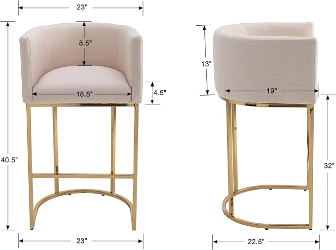 Contemporary Cream Linen Bar Stools Set of 3, 32" Upholstered Fabric Counter Height Barstool Kitchen Counter Island Stools with Golden Metal Base