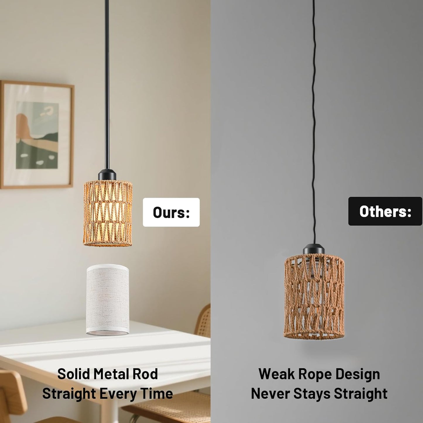 Pendant Light Boho Hanging Lamp - Rattan & Linen 2-in-1 Shade, Adjustable Hanging Lights Fixture for Kitchen Island, Dining Room, Farmhouse, Bedroom (3 Pack)