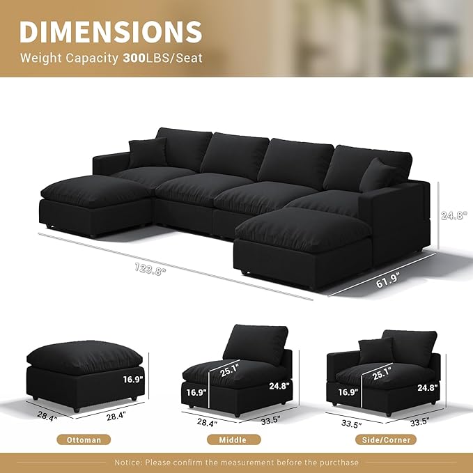 Modern Sectional Linen Couch for Living Room U-Shape Sofas,6 Seat Modular Cloud Sofas,Couches Cushion Covers Removable,Cozy Feather Down Sofa for Apartment Black