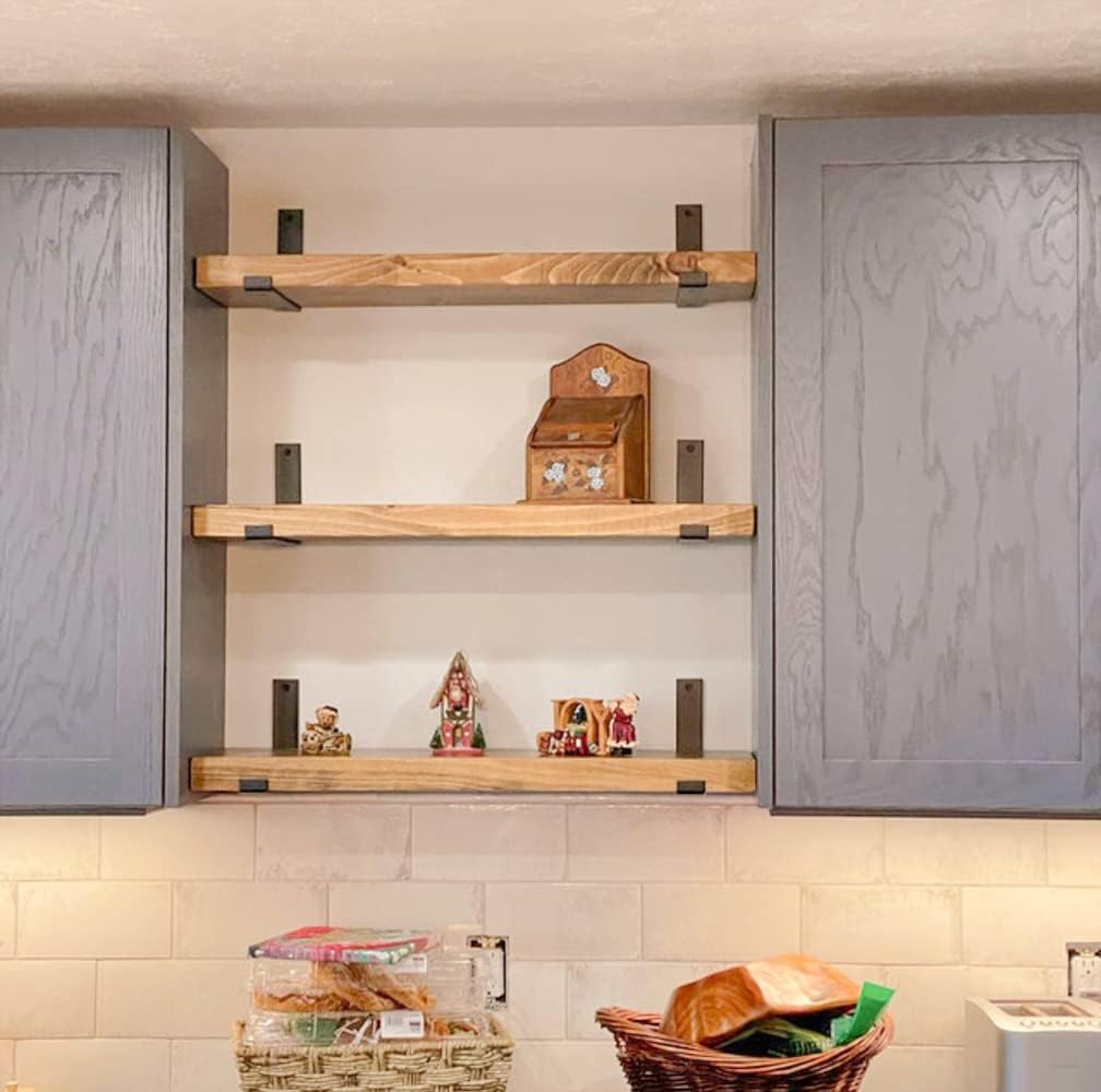 Rustic Shelves with J-Brackets Set of 2, Industrial Shelf, Kitchen Shelves, Solid Wood, Decorative Wall Storage, Heavy Duty, URBANDI (Brown, 36Wx8D)