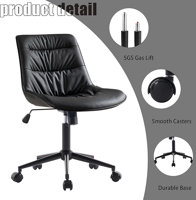 Kidol & Shellder Faux Leather Office Chair, Adjustable Swivel Height Task Chair, Rolling Wheels & Soft Backrest - Armless Ergonomic Desk Chair for Home, Office,Vanity,Gaming（Black）
