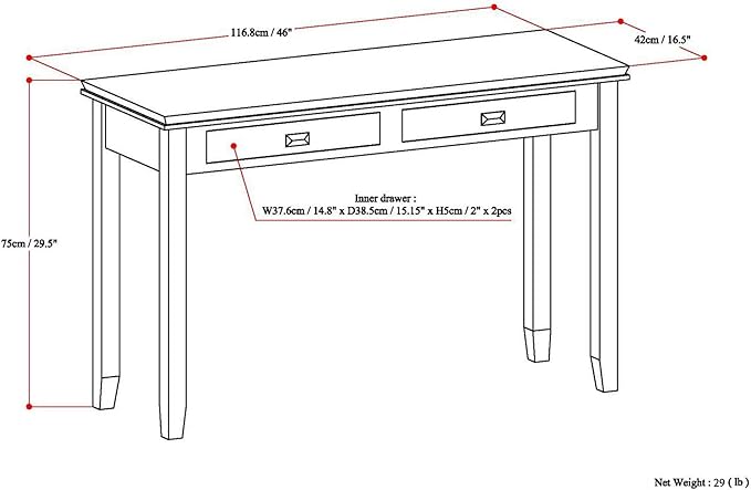 SIMPLIHOME Artisan Console Table - 46 Inch Wide Solid Wood Sofa Table in Russet Brown, Transitional Storage Table for Entryway or Living Room with 2 Drawers and Clean Angle-Edged Top